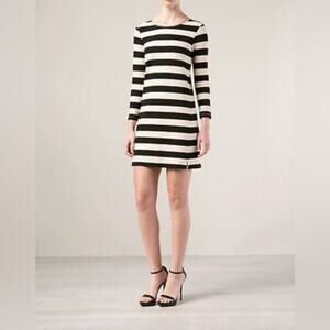 Theory Zamora Onita Striped Cream and Black 3/4 Sleeve Dress